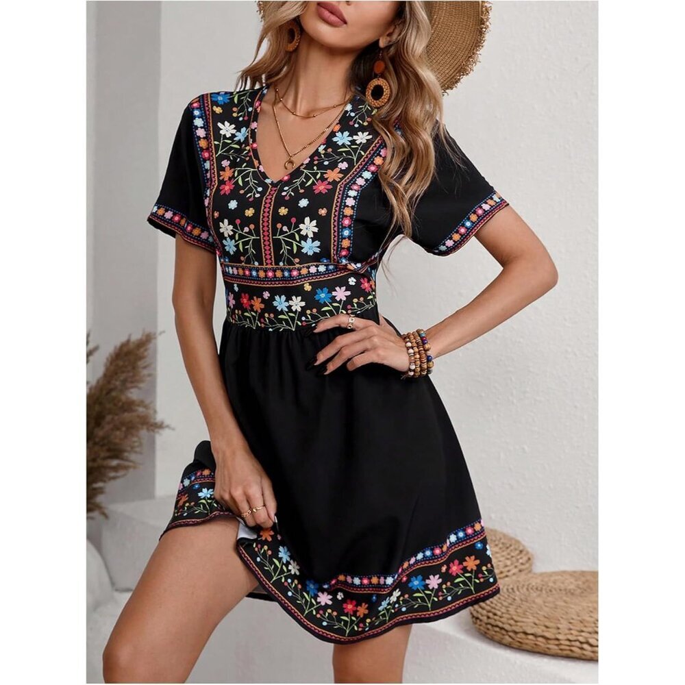 Women's Floral Print A Line Dress V Neck Short Sleeve Boho Vacation - Picture 4 of 5
